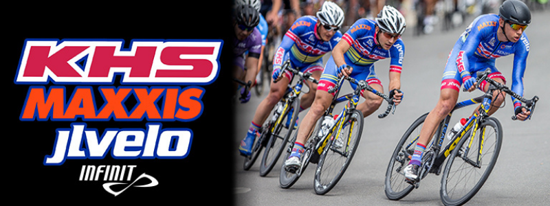 KHS cycle racing team going into turn, text "KHS-Maxxis-JLVelo"