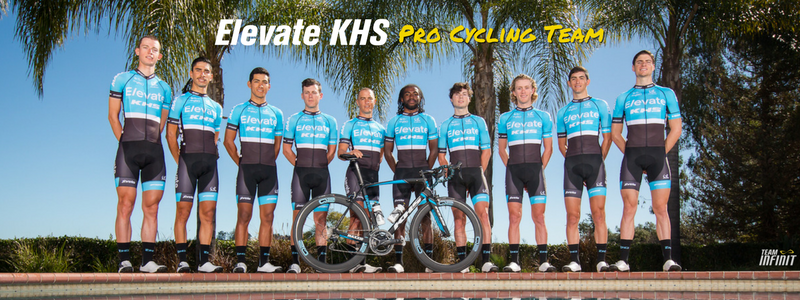 KHS team under a palm tree, text "E/evate-KHS: Pro Cycle team"