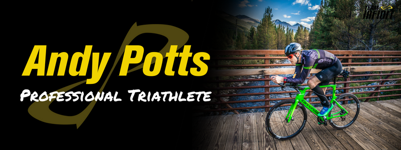 Andy Potts on the Bicycle, text "Andy Potts Professional Triathlete"