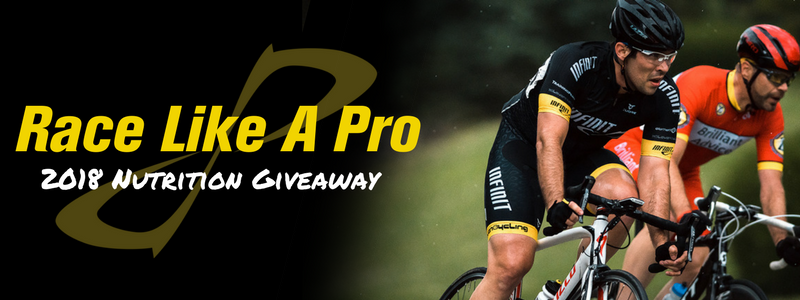 INFINIT rider on bike in a race, text "Race like a pro 2018 Nutrition giveaway" 