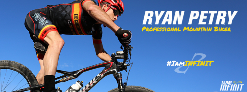 Ryan Petry riding bike, text "Ryan Petry: Professional mountain biker"