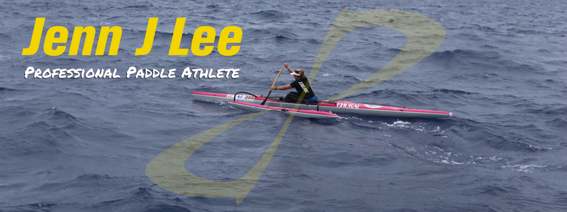 Jenn Lee in a row boat, text "Jenn J Lee, Professional Paddle Athlete"