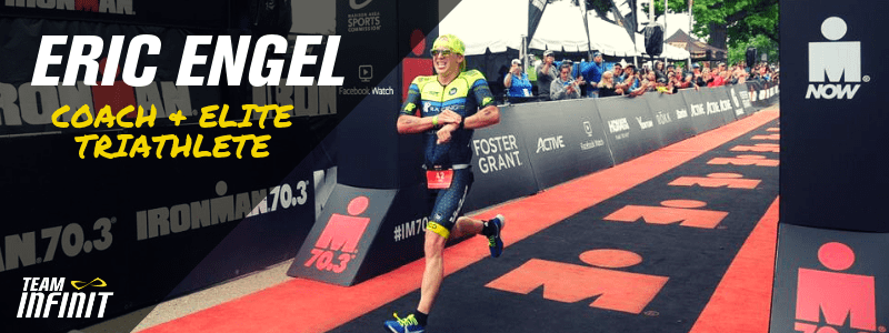 Eric Engel crossing the finish line, text "Eric Engel,  Coach and Elite Triathlete"