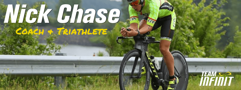 Nick Chase riding a bike , text "Nick Chase, Coach and Triathlete"