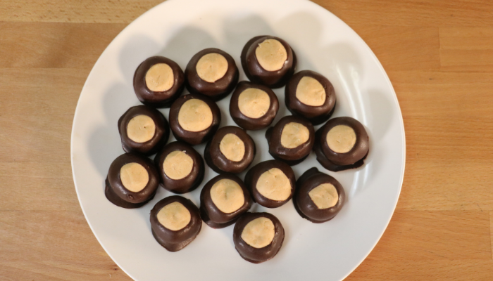 Completed Chocolate and Peanut Butter Buckeyes on a plate